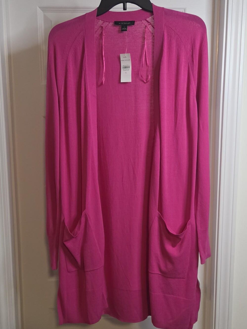 Ann Taylor Long Open-Front Cardigan in Hot Pink